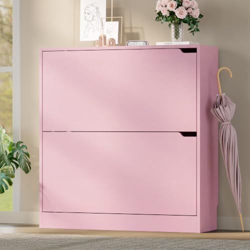 Image of BORNOON Shoe Cabinet with 2 Flip Drawers, Slim Narrow Shoe Storage Cabinet, Freestanding Shoe Organizer with Adjustable & Removable Shelves, Top Display Shelf for Entryway, Hallway, Foyer, Closet