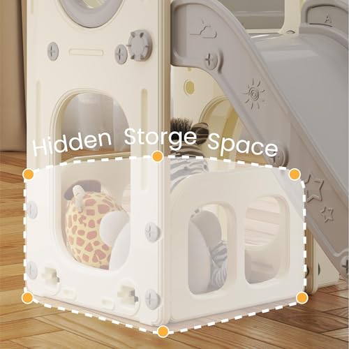 hoopyosms Kinder Rutsche mit Klettergerüst, Basketballkorb und Tunnel, Indoor-Kunststoffrutschenset für Kinder, Montessori-Spielzeug für den Spielplatz, Grau