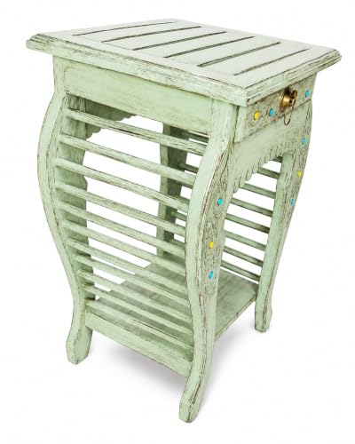 Image of Multipurpose Table Outdoor Indoor Stool Flower Vase Stool with One Drawer Material Mango Wood Size 30.5CM x 30.5CM x 53.3CM (Lite Green Antique)