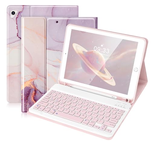 SOPPY Bluetooth Keyboard Case for iPad 6th/5th Gen (2017-2018), iPad Pro 9.7, iPad Air 1-2, Detachable Wireless Keyboard with Pencil Holder, Slim Protective Cover, USB-C Rechargeable, Purple Marble