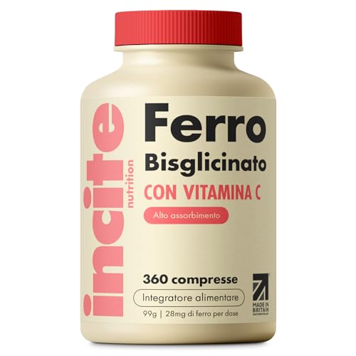 Incite Nutrition Compresse al Ferro 28 mg. Fornitura da 6 Mesi di Integratori con Ferro Bisglicinato per Donne e Uomini. Compresse Energetiche Facili da Ingerire Adatte a Vegetariani e Vegani.
