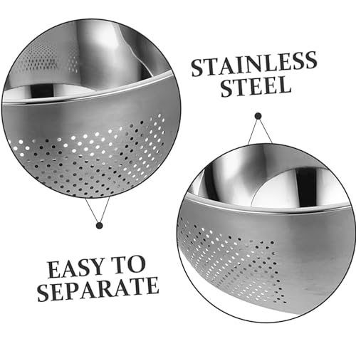 Image of KRESHU Heavy Quality Stainless Steel 304 Food Grade 3-in-1 Bowls Vegetables Rice Washer with Side Drain Bowls Colander Strainer Basket Ideal for Kitchen Tools Vegetables, Rice, Fruits (23cm, Silver)