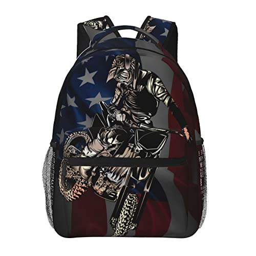 Motocross Dirt Bike American Flag Backpack Motorcycle Biker Double Shoulder Bag Laptop Bagpack for Men Women Bookbag for Work Camping Travel