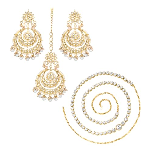 Image of Peora Traditional Jewellery Rhodium Kundan & Pearl Maang Tikka Earring Set for Women Girls
