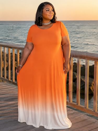 Image of PinkPatty Women's Plus Size Maxi Dresses Short Sleeve Sundress Summer T-Shirt Beach Long Dress with Pockets