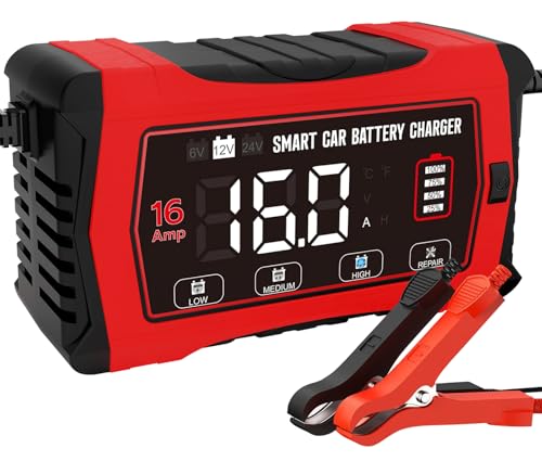 Cargador de batería de coche de 16 A, Adfuaer 12 V, 16 A, 24 V, 10 A, de litio, LiFePO4 de plomo-ácido (AGM/Gel/SLA) con carga de 10 niveles, pantalla LCD para coche, barco y motocicleta