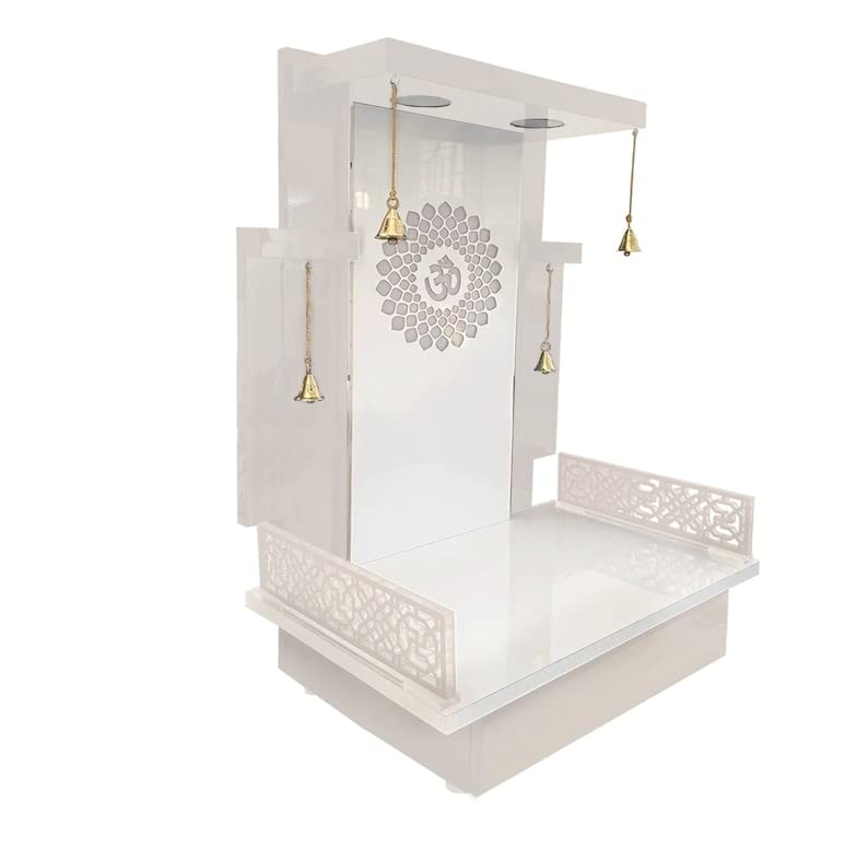 Templo Puja Mandir de madera blanco con luz LED de pared para meditación en casa