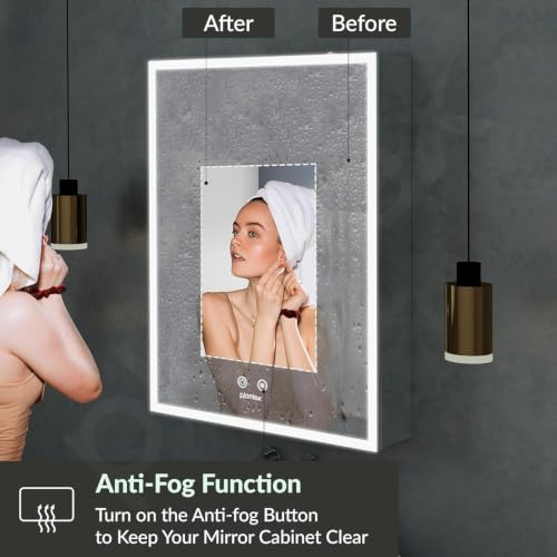 Image of Plantex 304 Stainless Steel Cabinet Mirror /Bathroom Cabinet Storage /LED Mirror Cabinet for Wall /Bathroom Organiser Cabinet -Chrome (19x27 Inch,Defogger & Bluetooth)