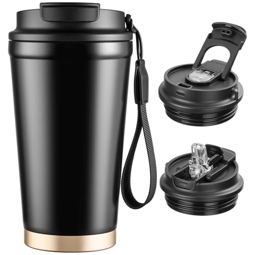 Ratrabas Insulated Travel Coffee Mug, 13oz Leakproof Coffee Tumblers With Strap & 2-In-1 Lids, Vacuum-Insulated Stainless Steel Reusable Coffee Cup For Hot & Cold Drinks(Black)