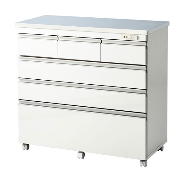 ホワイト 5段引き出し 食器棚天板ステンレス ステンレス中天板の北欧モダンのキッチンキャビネット[日本製