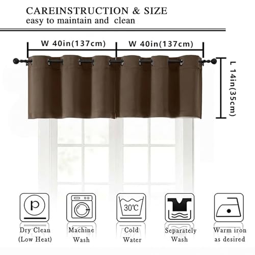 Image of Simplebrand Brown Window Valance for Kitchen 14 Inches Long 2 Panels Set, Room Darkening Valance Curtains for Living Room, Grommet Short Privacy Kitchen Curtains for Bedroom Kids Room, 40Wx14L