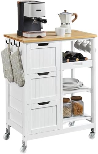 Yaheetech Kitchen Storage Trolley on Wheels, Rolling Kitchen Island Cart with 3 Drawers and 3 Shelves, Mobile Storage Sevring Trolley Cart for Dining Room, Bathroom, Laundry, Living Room, White