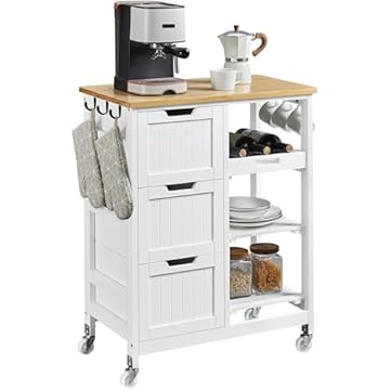 Yaheetech Kitchen Storage Trolley on Wheels, Rolling Kitchen Island Cart with 3 Drawers and 3 Shelves, Mobile Storage Sevring Trolley Cart for Dining Room, Bathroom, Laundry, Living Room, White