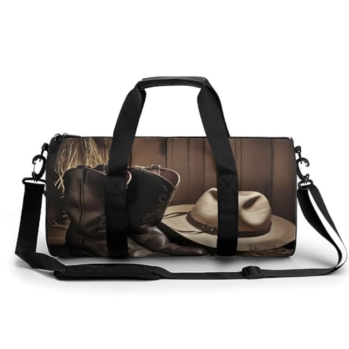 Cowboy Black Hat Western Boots Gym Bag for Men Women, Sturdy Oxford Cloth Travel Bags with Removable Shoulder Strap, Waterproof Duffel Bag for Fitness, Travel, Yoga