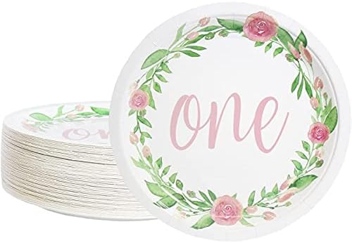 BLUE PANDA Paper Plates in Floral Design, 1st Birthday Party Supplies (9 In, 80 Count)