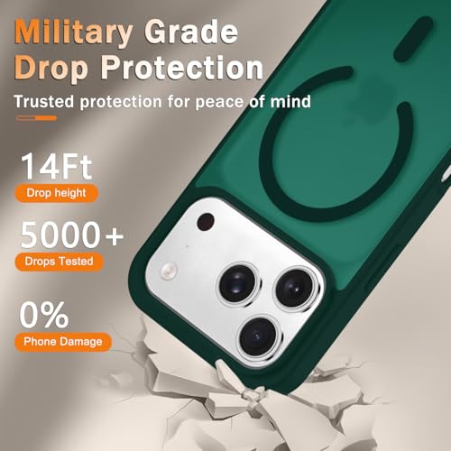 Image of YENAPOON for iPhone 17 Pro Max Case, Matte Magnetic Phone Cover [with 1 Screen Protector] [Support for MagSafe] [Shockproof Military Grade Protection] Translucent Frosted Back, Dark Green