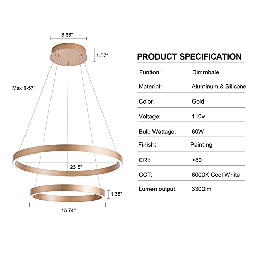 Image of MADEM Modern LED Chandelier 2-Ring Circular Dimmable Pendant Light,Gold | Contempoary Chandelier Flush Mount Pendant Lighting for Living Room Dining Room, Bedroom,3000K-6000K,60W