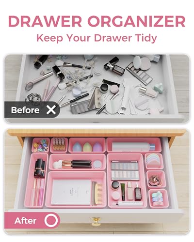 BiuLeon 25 PCS Plastic Drawer Organizers Set, 4-Sizes Vanity and Makeup Organizer, Desk and bathroom Drawer Organizer Trays, Organizers and Storage for Makeup, Jewelry, Gadgets, Utensils (Pink) image 5