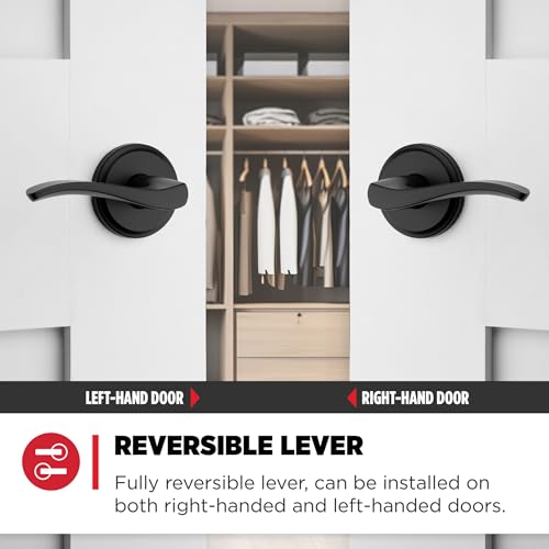 Image of Kwikset Sedona Interior Passage Door Handle, Lever for Closet and Hallway Doors, Reversible Non-Locking Handle Lever, Matte Black, with Microban Protection