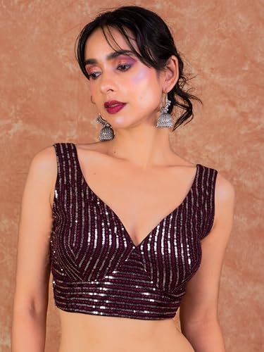 Image of FIGURE'S DESIGNER Women's Sequin Embroidered SabyaSachi Cut Sweetheart V Neck Sleeveless Readymade Saree Blouse E30