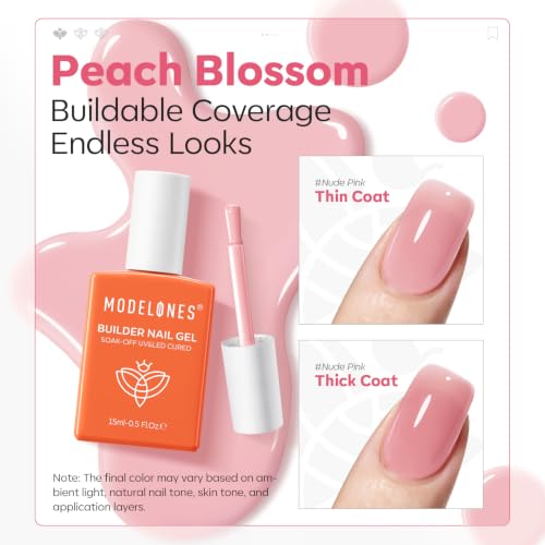 Image of modelones Builder Nail Gel, Peachy Nude Builder for Nails, Translucent Pink Color Rubber Base Gel Polish for Natural Overlay, Apex Building, Short Extension, Self-Leveling Beginner U V /LED Cured