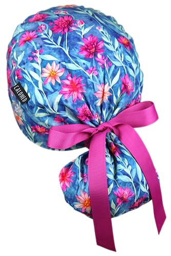 Image of Scrub Cap for Women and Men, Ponytail Scrub Caps, Working Hat, Head Cover with Ribbon Ties and Buttons, Long Hair
