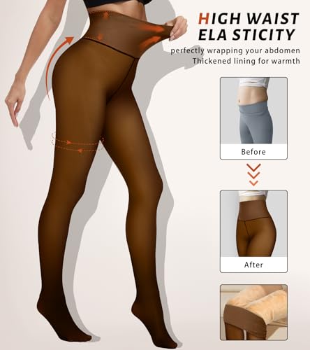 ciksob Fleece Lined Tights Women Winter Thermal Leggings Pantyhose Fake Translucent Hight Waist Thick Warm Sheer Stockings (Large, Fake Translucent Brown) - image 4