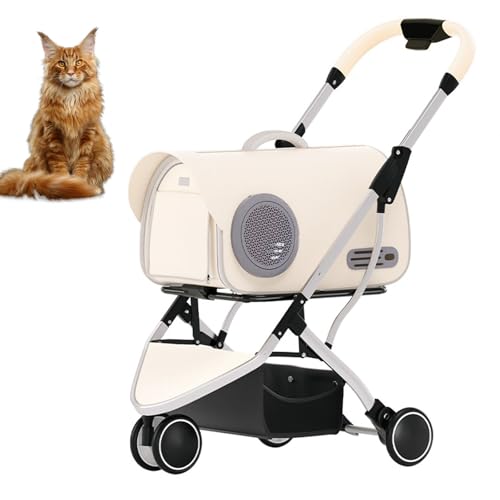 小型/中型犬用猫犬ケージジョガーベビーカー、収納バスケットとロック可能な車輪付き折りたたみ式犬用ベビーカー、取り外し可能なキャリア付き3輪ペット用ベビーカー,ベージュ