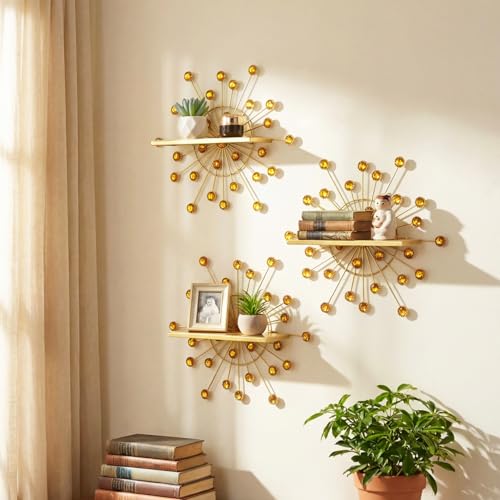 Image of Yaocom 3 Pcs Crystal Floating Shelves, Bling Sparkle Metal Starburst Wall Decor Shelves, Gold Folding Wall Mounted Storage Shelf for Bedroom Bathroom Living Room Kitchen Office