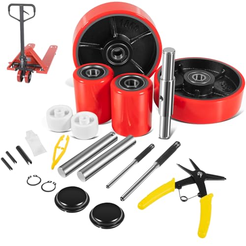 Image of Pallet Jack /Truck Full Wheel Replacement Kit, Pair Steering Wheels (7 inchx 2 inch), Pair Front Load Roller(3 inch x 3.75 inch), with Pre-Installed Bearings, Axles, 20mm ID Poly Tread, Entry Rollers, Install Tool Kit