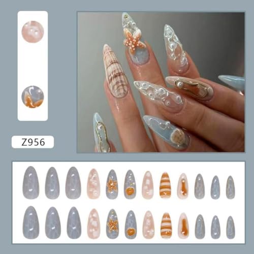 Image of Blue Ocean Press on Nails Starfish Sea Shell Fake Nails Medium Almond False Nail with Pearl Design 3D French Tip Glue on Nails Artificial Acrylic Summer Stick on Nail for Women Girls Manicure 24Pcs