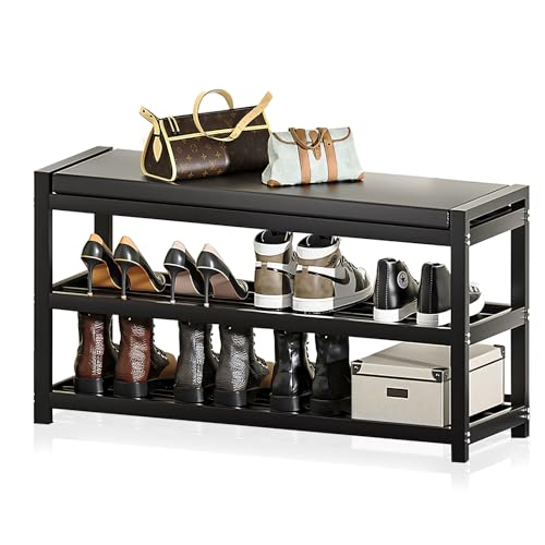 MaxEarn Zapatero de 3 niveles, 95 x 25 x 41,5 cm, banco de zapatos con asiento acolchado, estructura de acero al carbono, estante organizador de zapatos, color negro, estante de almacenamiento de