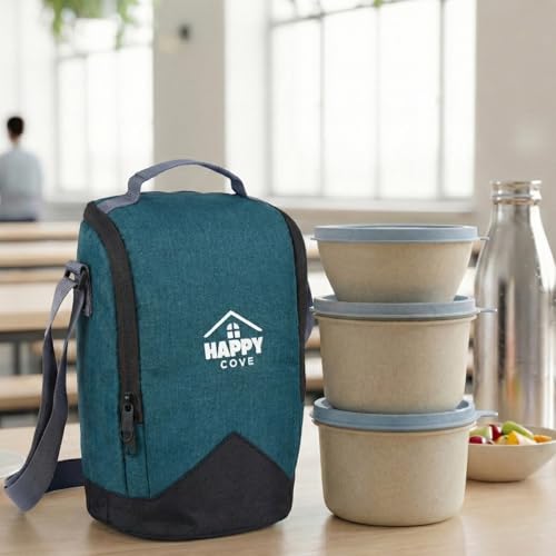 Image of Happy Cove Eco Friendly Lunch Box for Office Use | Biocomposite Wheat Straw, Rice Husk & Bamboo Fibre | 3 Microwave Safe Containers | Tiffin Box with Lunch Bag | Microwave Safe, Oven Safe, Unbreakable