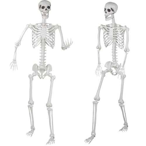 SIFOEL Esqueleto de Halloween de tamanho natural, 180 cm, esqueleto de corpo inteiro com articulações móveis para acessórios de Halloween, decoração de festa assustadora (2 peças)