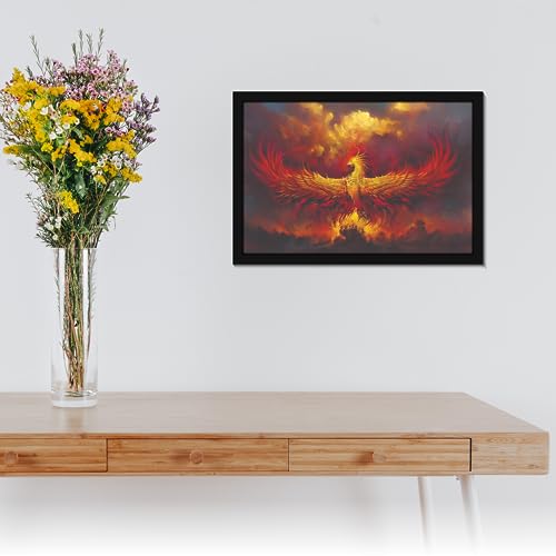 Image of Mad Masters Phoenix Bird Wings on Fire Painting Hanging Photo Frame Decorative Item for Living Room, Bedroom, Home Decor and Wall Decoration (MM 1897, 30.5L x 20.3W cm, Canvas, With Plexi Glass)