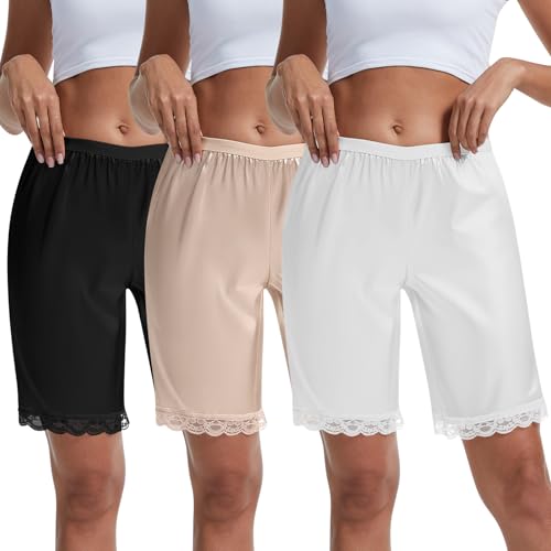 Chicingyou 3 Pack Slip Shorts for Women Under Dress Pettipants Lace Trim Slips Culotte Anti Chafing Summer Split Skirt(50 cm Length,L)