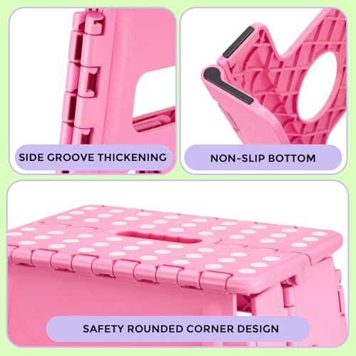 Image of Dyforce Folding Step Stool 13 Inch - Non-Slip Foldable Stool for Adults & Kids, Holds 300 lbs, Lightweight Compact Foot Stool with Handle for Kitchen, Bathroom, Bedroom (Pink)