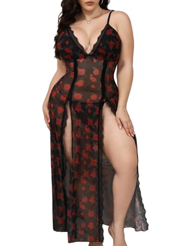 Image of Alrovetoney Plus Size Lingerie For Women Babydoll Sexy Mesh Maxi Nightdress Exotic Sleepwear Side Slits