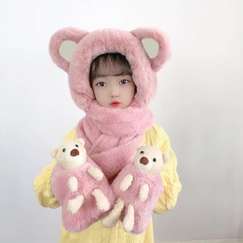Zcargel Childrens Winter Hat and Scarf Set 3 in 1 Cartoon Bear Hooded Scarf Cute Bear Beanie Children Plush Pocket Glove Set3