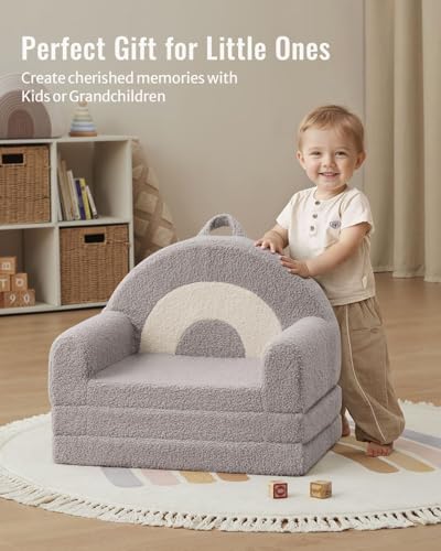Image of Blissful Diary Foldable Kids Couch, 2-in-1 Kids Sofa Chair, Gray Rainbow | Kids Fold-Out Couch, Reading&Play, Sturdy Support, Washable Cover, Carry Handle, Pre-Assembled, Gift Ready, CPSIA Certified