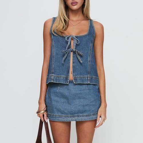 Women’s Two Piece Denim Outfits Sleeveless Tie-up Front Tops and Mini Skirt Set Clubwear2