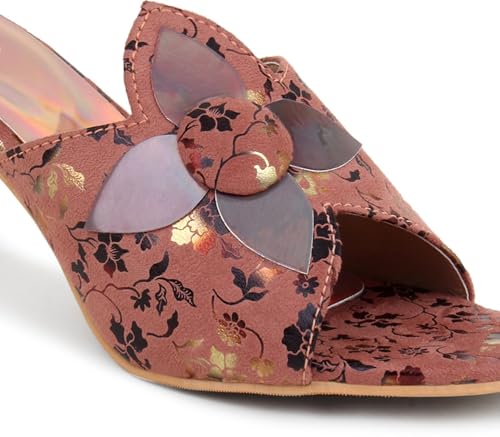 Image of Action Women's Floral Suede Mules| Black with Peach Flower Applique| Gold-Tone Heel Dark Brown
