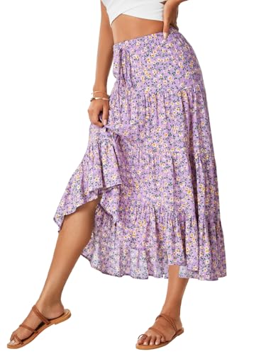 Rooscier Women's Floral Print High Low Drawstring Tiered Pleated High Waist A Line Midi Skirts Purple X-Large3