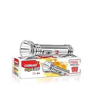 Eveready Jeevansathi DL64 | 0.75W LED Torch with Classic & Retro Touch | Powered by 2 x D Battery | Super Bright White LED | Flasher Function | Strong & Durable Brass Body | 6 Month Warranty | Silver