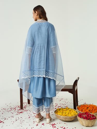 FIORRA Women's Silk Blend Embroidered Nayra Cut Kurta Palazzo With Dupatta Set - Image 4