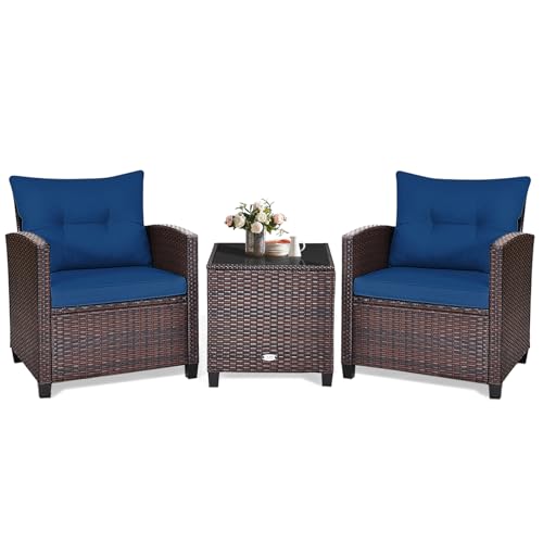 KOTEK Juego de muebles de patio de 3 piezas, juego de conversación al aire libre con cojines lavables y mesa de vidrio templado, juego de mimbre de ratán de polietileno para porche, jardín, balcón