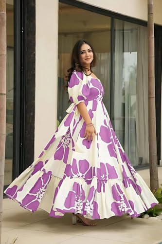 Image of Modestouze Attires Women's Floral Pattern Rayon Blend Maxi Dress with Sweetheart Neck Half Puff Sleeve Floor Length and Zipper Closure Type | Maxi Dress for Women Stylish | Dress for Women