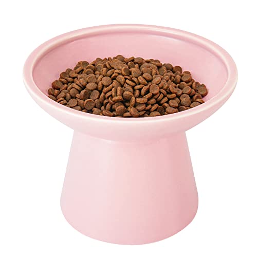 CEEFU Extra Wide Elevated Cat Bowls – Ceramic Cat Food Bowl 6.2″ Raised Cat Food Bowls Elevated Shallow Cat Food Dish, Whisker Fatigue, Lead & Cadmium Free, 5″ Good Height for Cat Feeding – Pink