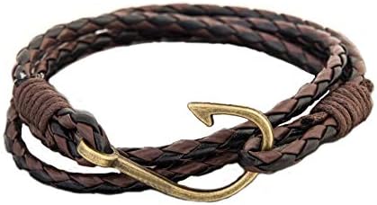 Caiyao Fish Hook Leather Wrap Braided Bracelet Multi-layer Handwork Punk style Fish Clasp Bracelet for Men (Brown Weave)