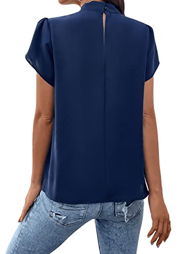 Verdusa Women's Elegant Pleated Mock Neck Petal Sleeve Blouse Shirts Top Navy Blue M #TOP1